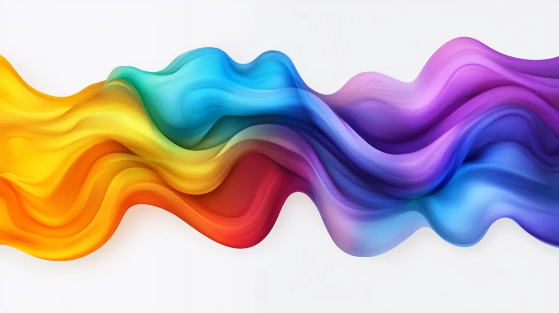 Abstract wave of vibrant rainbow gradients transitioning smoothly from yellow to purple, symbolizing modern web design trends and creative use of color transitions