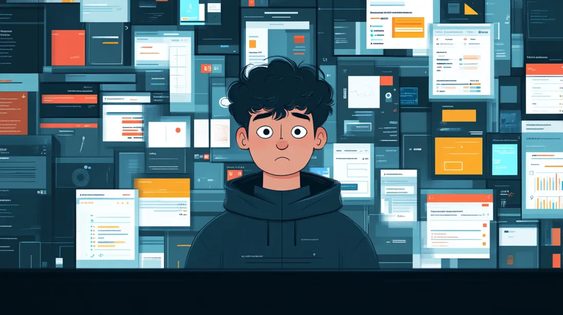 Illustration of a confused user overwhelmed by countless website features and interface elements. Represents the myth that adding more features improves web design, highlighting the importance of simplicity and usability.