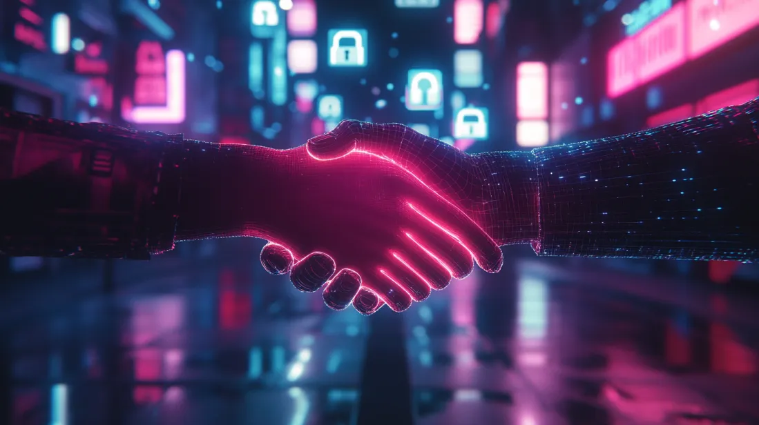 Futuristic digital handshake glowing in neon pink, symbolizing trust and security in online shopping. Cybernetic arms connect in a virtual e-commerce environment, with floating padlock icons representing encrypted transactions and safe purchases