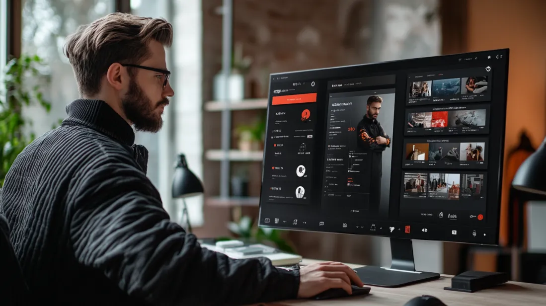 Man browsing a sleek, dark-themed e-commerce platform on a widescreen monitor in a modern workspace. The website interface highlights efficiency, minimalism, and convenience, featuring a personalized dashboard, product recommendations, and streamlined navigation for quick decision-making