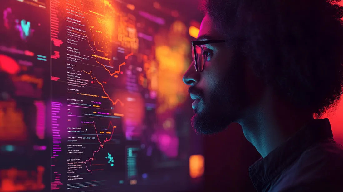 Close-up of a focused user analyzing complex data on a glowing screen, symbolizing the myth that users read everything on a website. Highlights the importance of scannable content, visual hierarchy, and user-friendly design