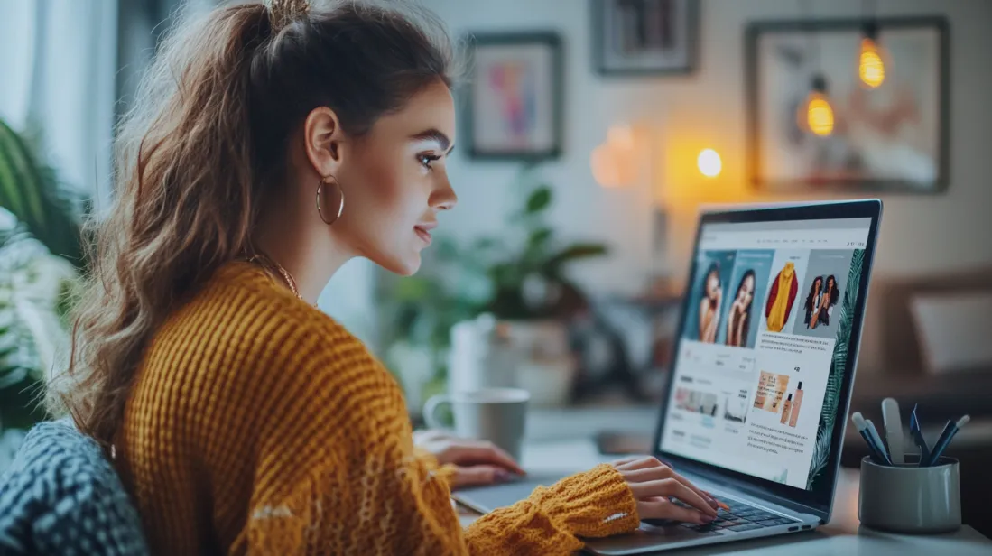 Young woman shopping online, viewing before-and-after product images on a fashion e-commerce website. Engaging visuals and transformation imagery enhance consumer trust.