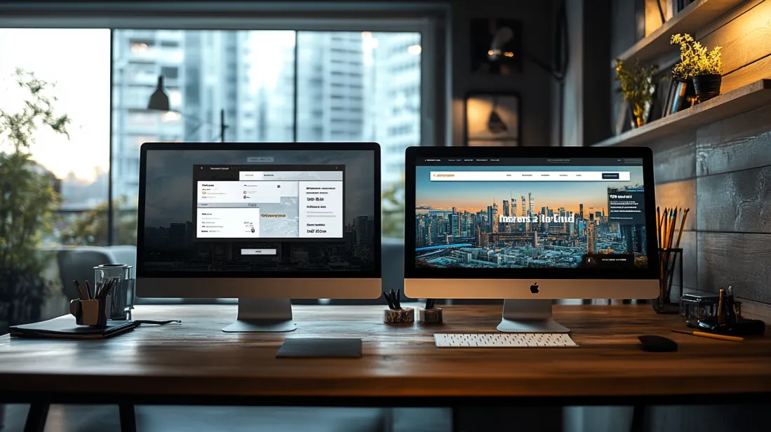 A side-by-side comparison of two website designs on desktop monitors in a modern workspace—one outdated and cluttered, the other sleek and visually appealing. Represents the impact of web design myths on user experience and business success.