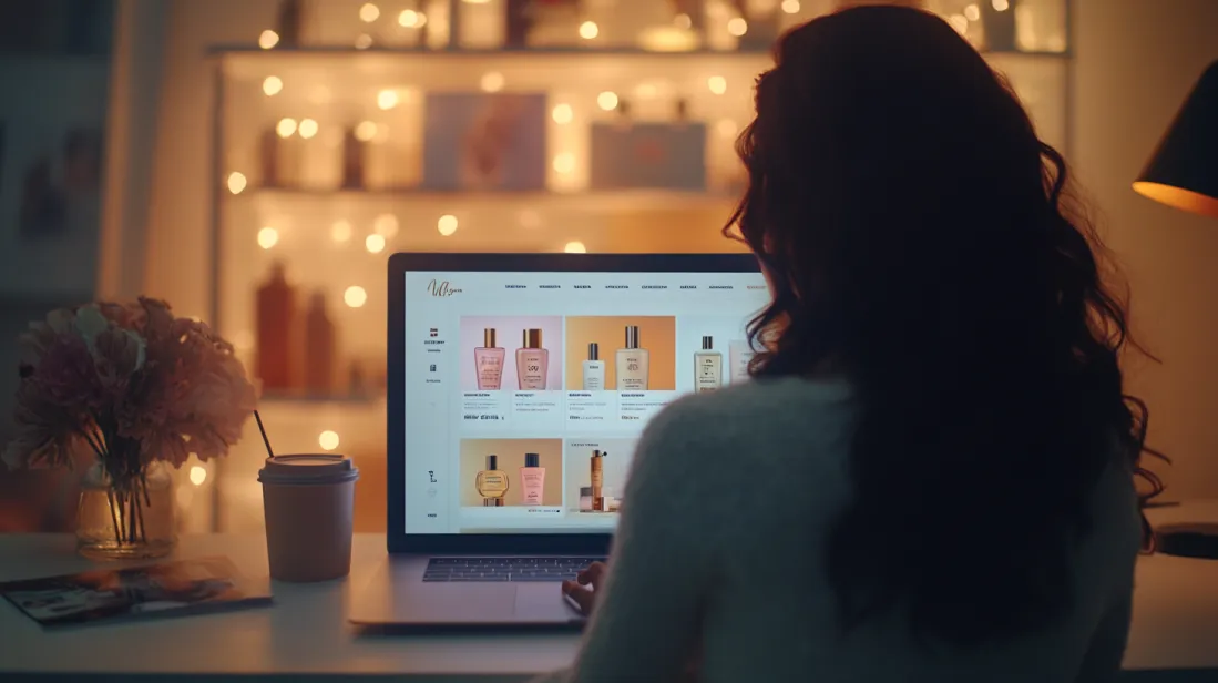 Young woman shopping online in a cozy, warmly lit environment, browsing a stylish beauty e-commerce website. The screen displays a selection of skincare and perfume products with elegant design, customer reviews, and discount offers. Aesthetic online shopping experience with a visually appealing and trust-building user interface