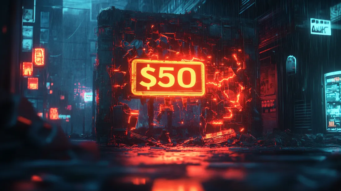 A neon-lit $50 price tag glowing on a crumbling digital structure, symbolizing the hidden costs and risks of cheap WordPress themes. Cyberpunk aesthetic, dark atmosphere, and glitch effects highlighting website vulnerabilities