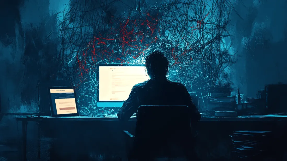 Cybersecurity risks of WordPress themes – a silhouetted hacker in a dark room, tangled in a web of digital vulnerabilities, symbolizing security threats in pre-made website templates