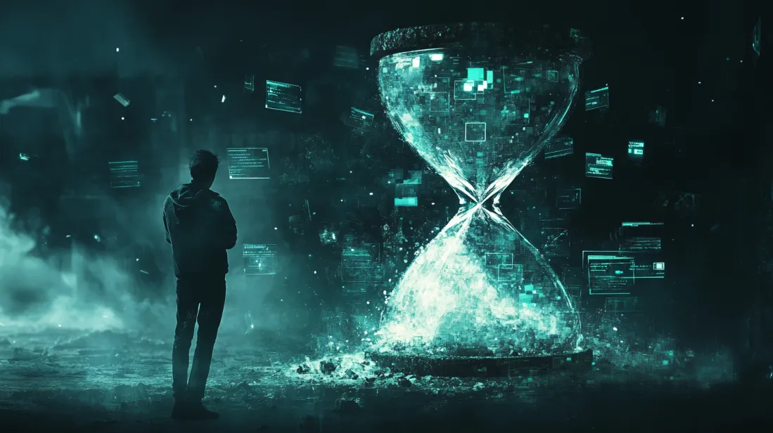 A businessman observes a massive, glowing hourglass dissolving into digital fragments, symbolizing the impact of slow website performance on revenue loss. The futuristic imagery highlights how poor site speed from pre-made WordPress themes can lead to decreased user engagement and conversions.