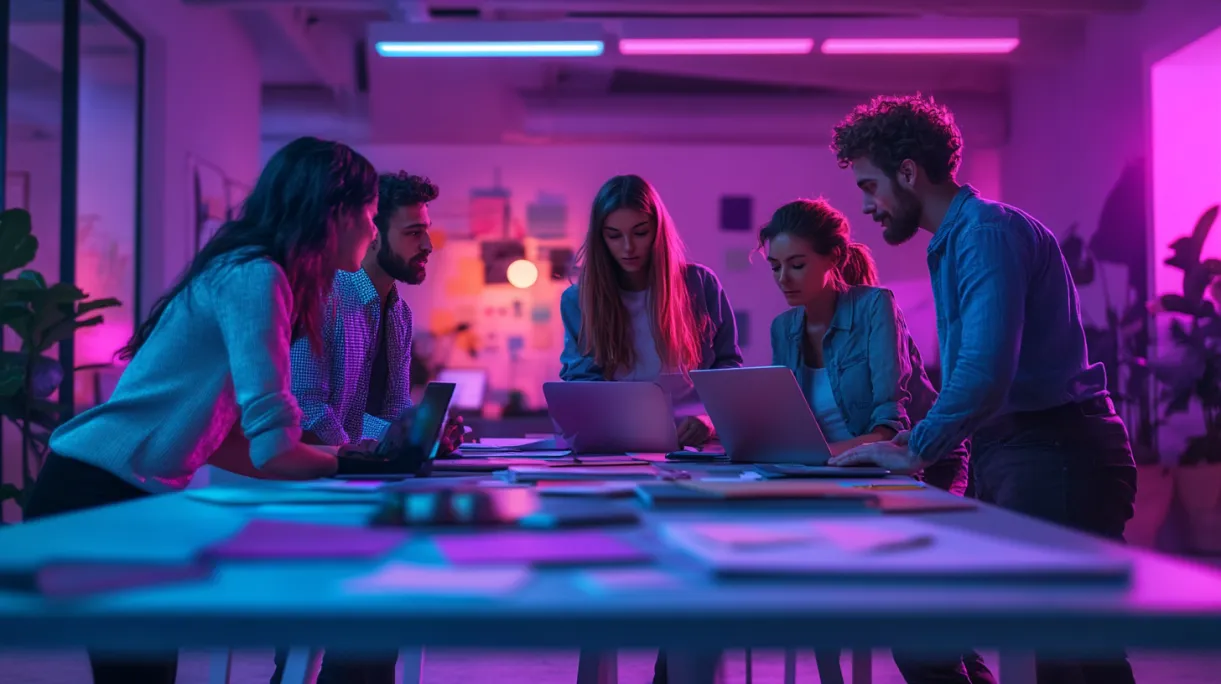 A diverse team of creative professionals collaborating in a modern design agency office, working on laptops with vibrant purple and blue lighting, showcasing teamwork and innovation in web design and branding projects