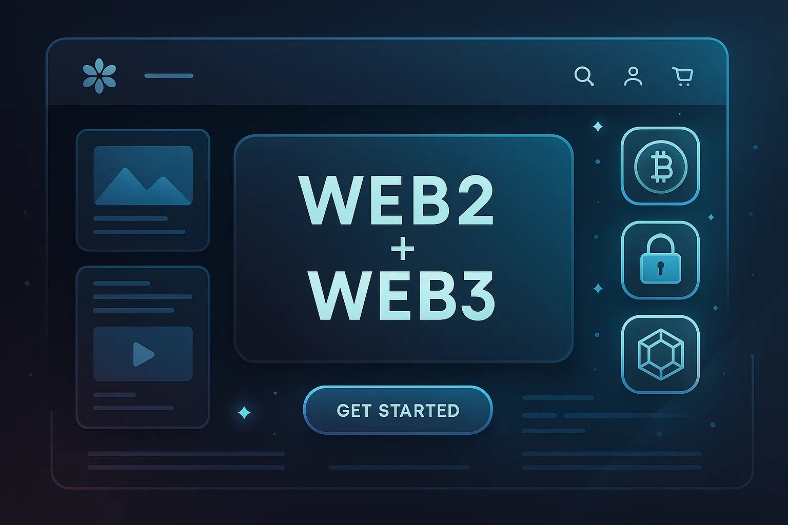 Illustration of a hybrid digital platform interface combining Web2 and Web3 elements, featuring icons for cryptocurrency, security, and blockchain integration, with a central 'Get Started' button, representing the merging of traditional web accessibility with decentralized innovation