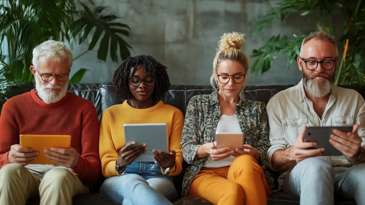 Diverse group of people from different generations using digital tablets while sitting on a couch, representing cross-generational engagement with modern technology and brand relevance.