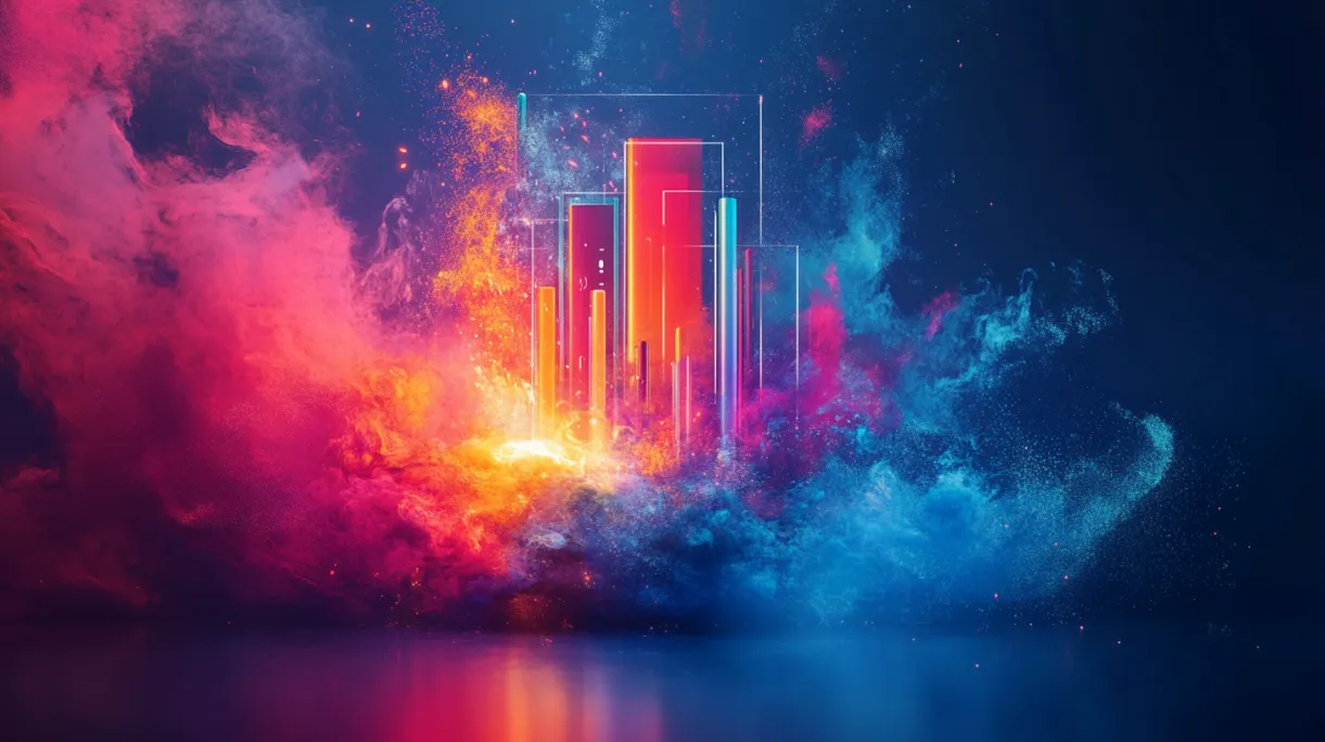 Vibrant abstract artwork with colorful gradients in pink, blue, and orange, featuring vertical elements symbolizing creative professional portfolios, ideal for evaluating UX design and web design expertise