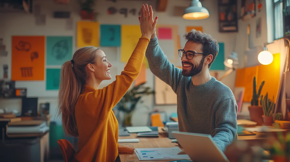 Two creative professionals high-fiving in a vibrant design agency office, surrounded by colorful mood boards and laptops, symbolizing collaboration and success with Almax Agency