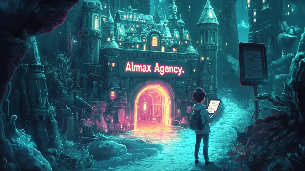 A person with a tablet stands in a magical cityscape, facing a glowing Almax Agency building, symbolizing the journey to find creative professional design services