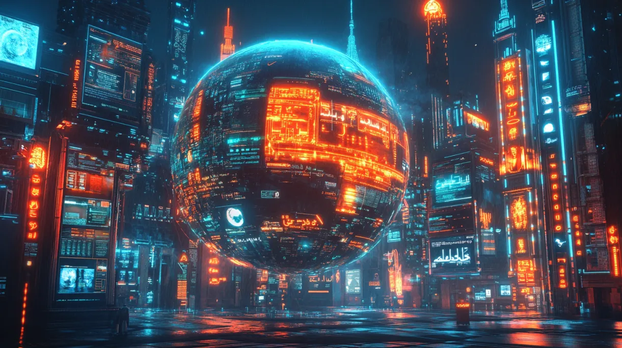 Futuristic holographic globe in a sci-fi studio, glowing with white neural network lines connecting gold Arabic calligraphy, red Japanese kanji, and soft blue Scandinavian shapes, symbolizing AI-driven localization for global web design in 2025