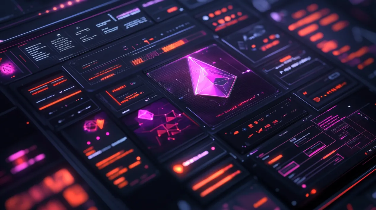 Futuristic digital dashboard showcasing Web3 user interface design with neon-colored Ethereum icon, layered panels, blockchain analytics, and onboarding screens, illustrating simplified navigation and progressive disclosure of decentralized features