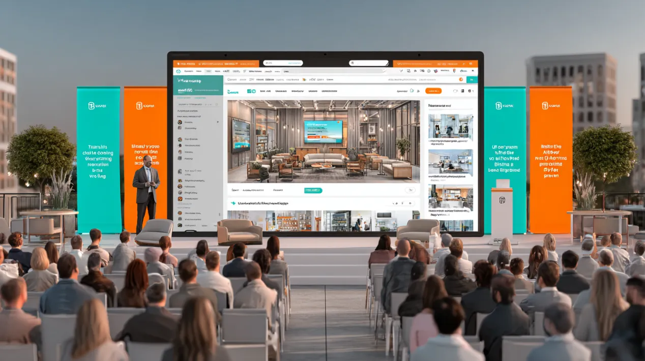 A professional presenting a B2B website with intuitive navigation on a large screen at a conference, surrounded by an attentive audience in a modern outdoor setting with teal and orange banners. lmage illustrates the importance of structural clarity and robust navigation in B2B website design, enhancing user retention and decision-making processes.