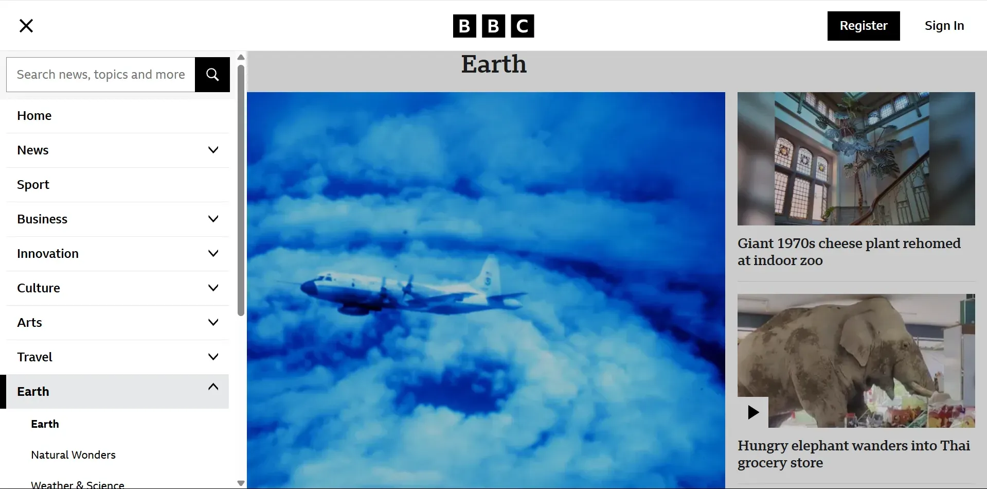 A screenshot of the BBC website featuring an article about Earth, with a clear interface and images of a plane and an elephant, optimized for visual accessibility. Showcases real-world UI and UX solutions for inclusive web design, including high-contrast color schemes and legible fonts.
