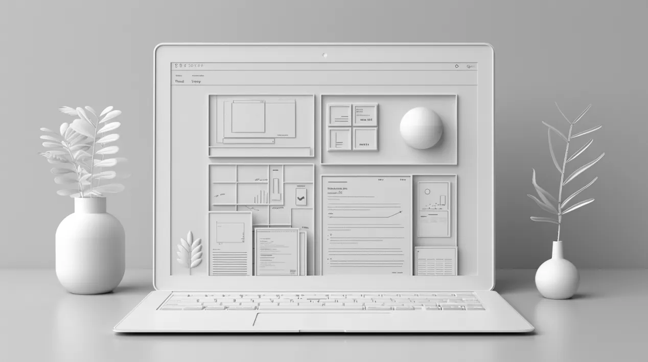 3D illustration of a laptop displaying structured website wireframes, representing the integration of modern web design and SEO strategies in 2025