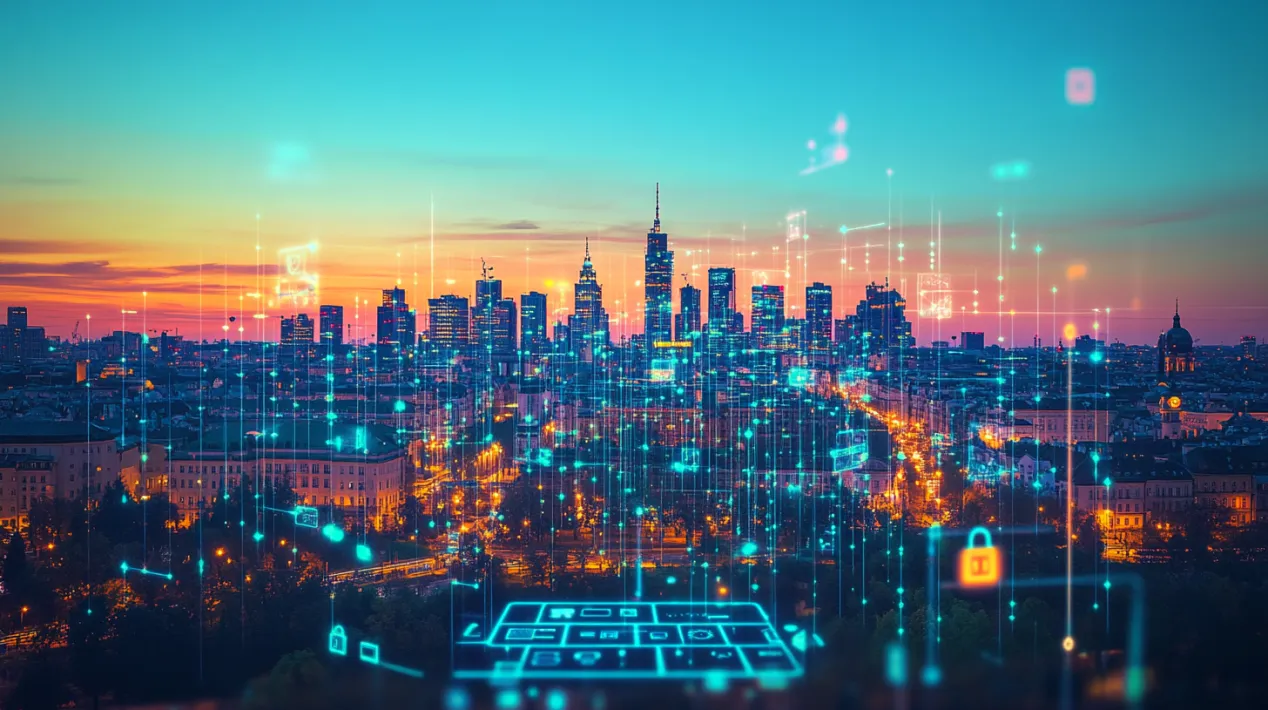 Smart city skyline at sunset with digital interface elements overlay, representing the role of regional tech innovation and AI integration in modern web design