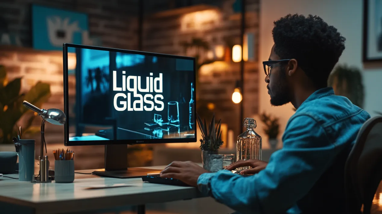 A designer working at a modern desk with a monitor displaying the "Liquid Glass" interface, featuring semi-transparent layers and dynamic reflections, in a cozy office with warm lighting and green plants.