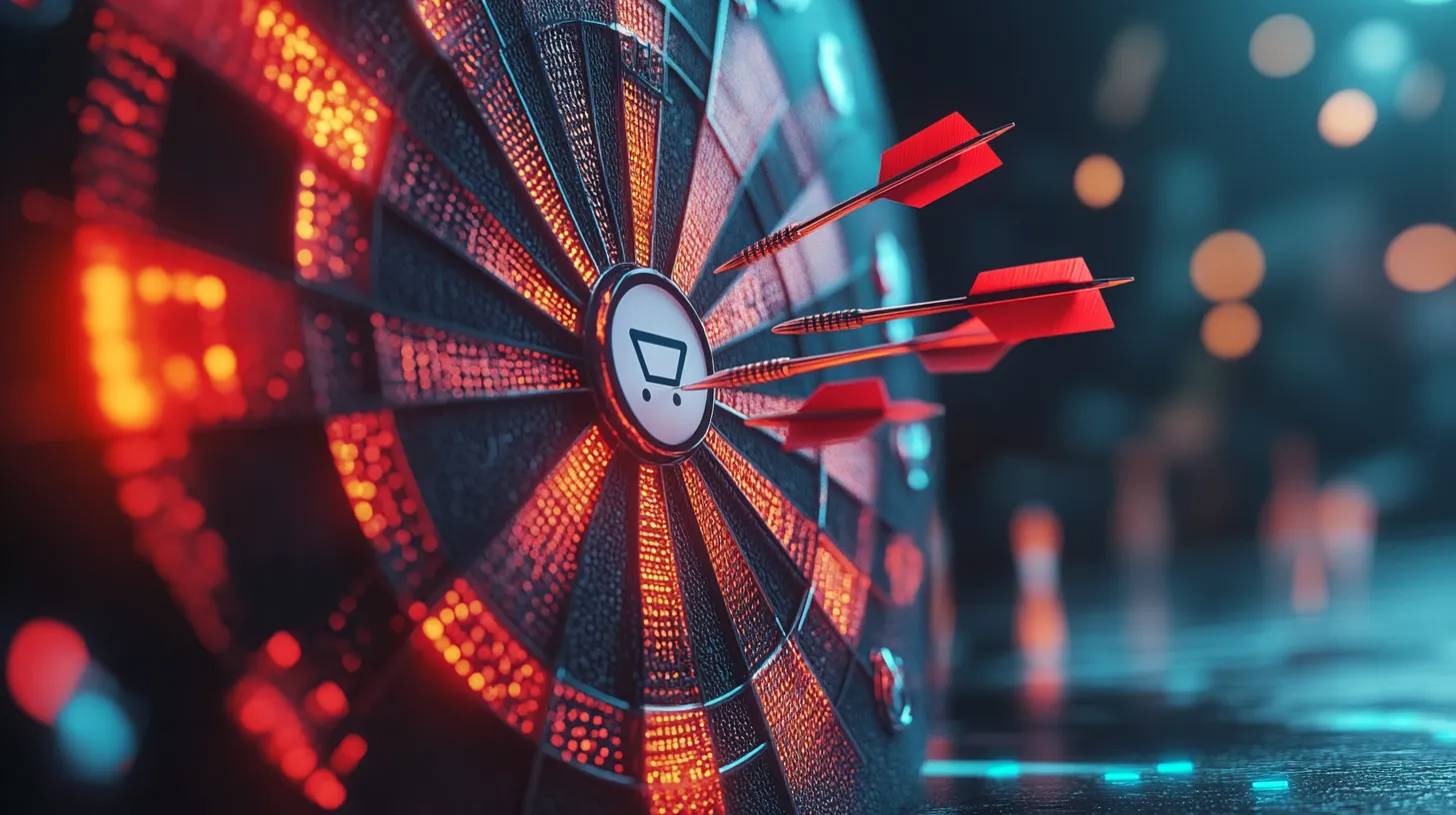 Futuristic digital dartboard with a central shopping cart icon, symbolizing targeted e-commerce strategies and precision in web design goals