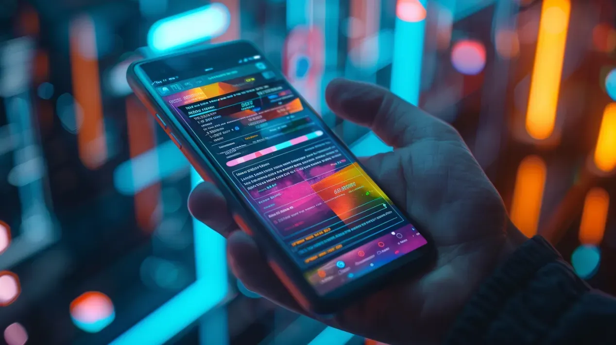 A hand holding a smartphone displaying a vibrant app interface, symbolizing the art of articulation in 2025 product development, where detailed inputs from Almax Agency transform user personas and pain points into a tailored, user-friendly experience