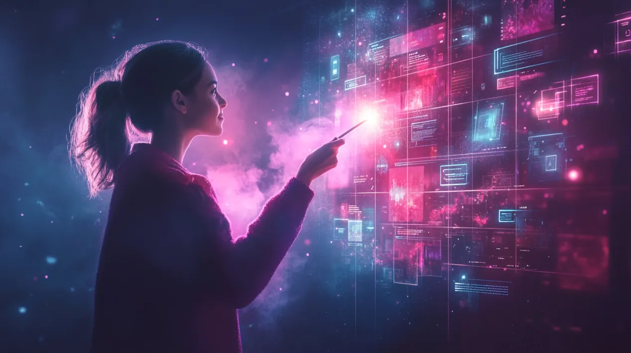 A designer using a magical wand to illuminate a digital interface with inclusive web design elements, set against a vibrant purple and blue background. The mystical scene emphasizes breaking barriers in web design for everyone.