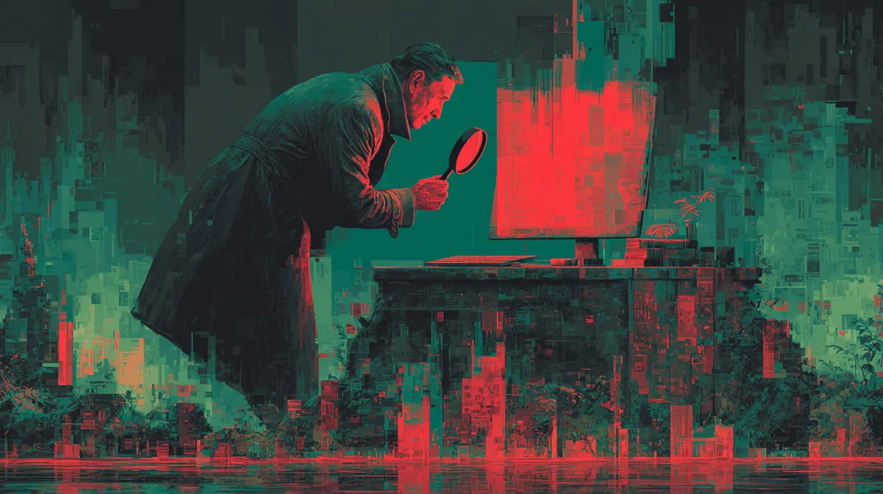 A detective in a dark coat examining a computer screen with a magnifying glass, set against a vibrant green and red digital cityscape, symbolizing the investigation of B2B website performance in 2025.