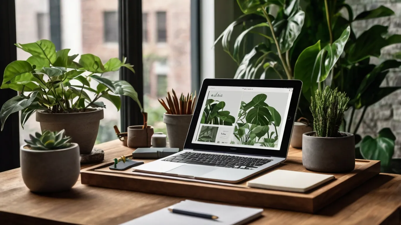A modern workspace with a laptop displaying a design interface surrounded by lush indoor plants, symbolizing the creative and sustainable approach to mastering company rebranding in 2025 at Almax Agency