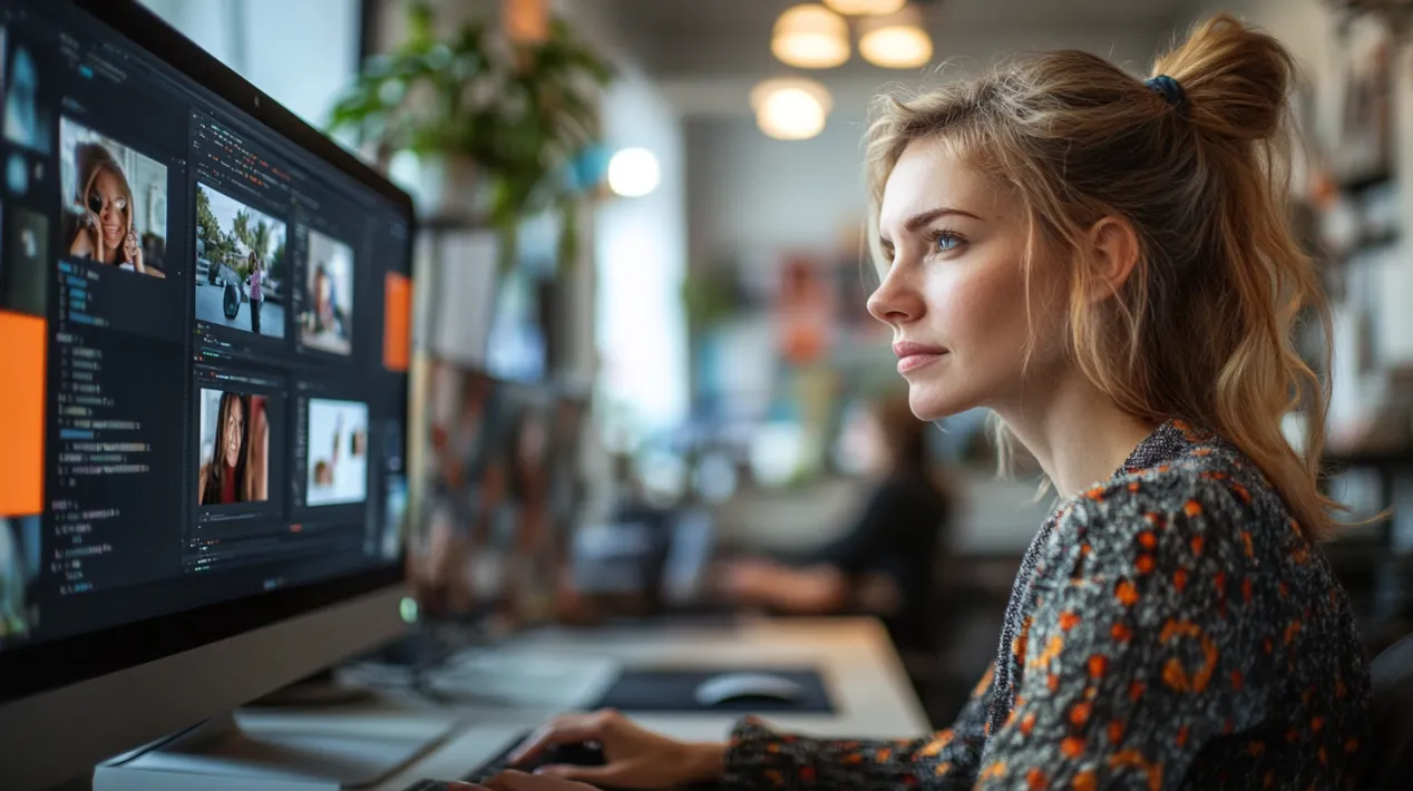 A designer working at a desk with a large monitor displaying multiple optimized images, surrounded by plants and warm lighting in a modern office. The latest trends in image optimization, including AI-powered compression and edge delivery via CDNs.