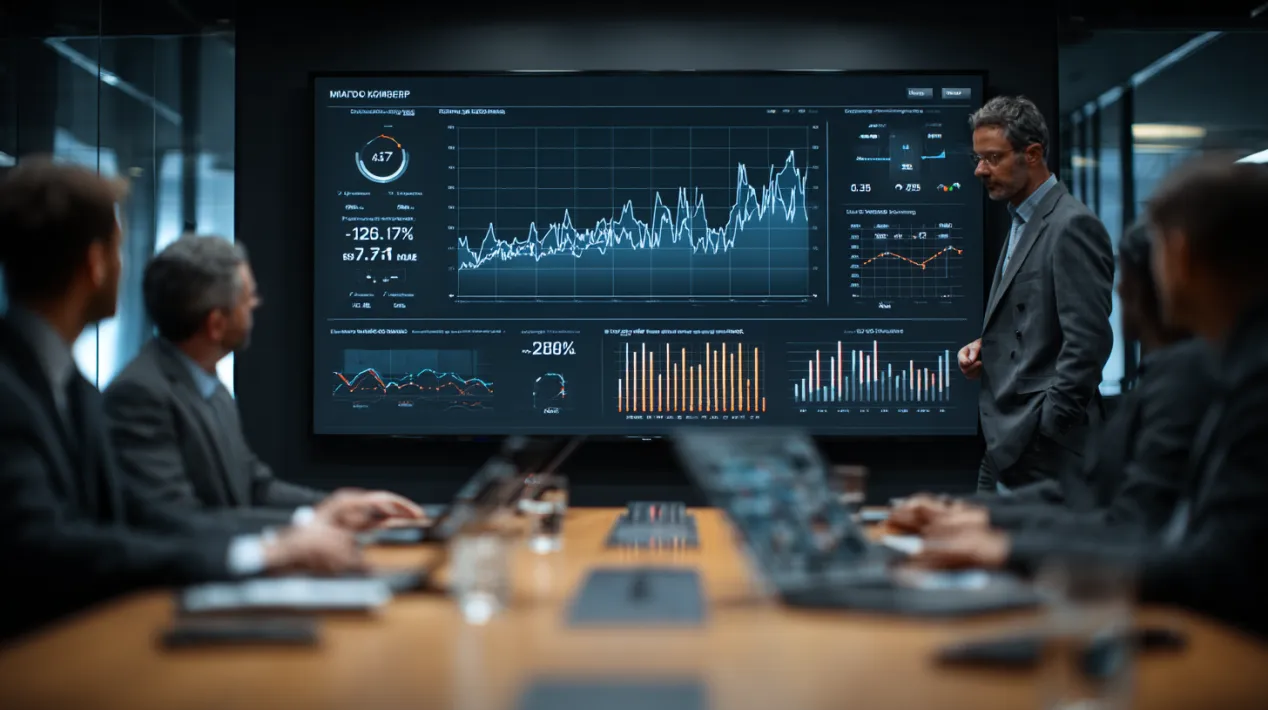 A business leader presenting a detailed analytics dashboard on a large screen in a modern boardroom, with a team of professionals analyzing B2B website performance metrics in 2025.