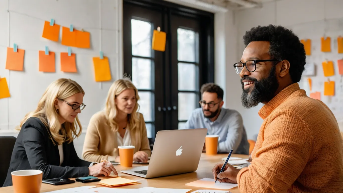 A collaborative team meeting in 2025, brainstorming around a laptop with orange sticky notes on the wall, highlighting the importance of recognizing red flags and avoiding costly rebranding during financial instability