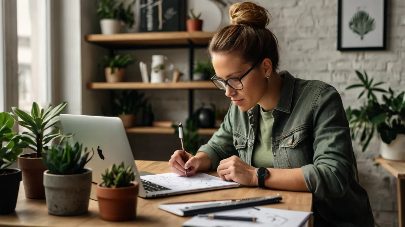 A designer working at a laptop with a notebook in a lush, plant-filled workspace, illustrating the comprehensive blueprint for crafting a winning design strategy for company rebranding in 2025 at Almax Agency
