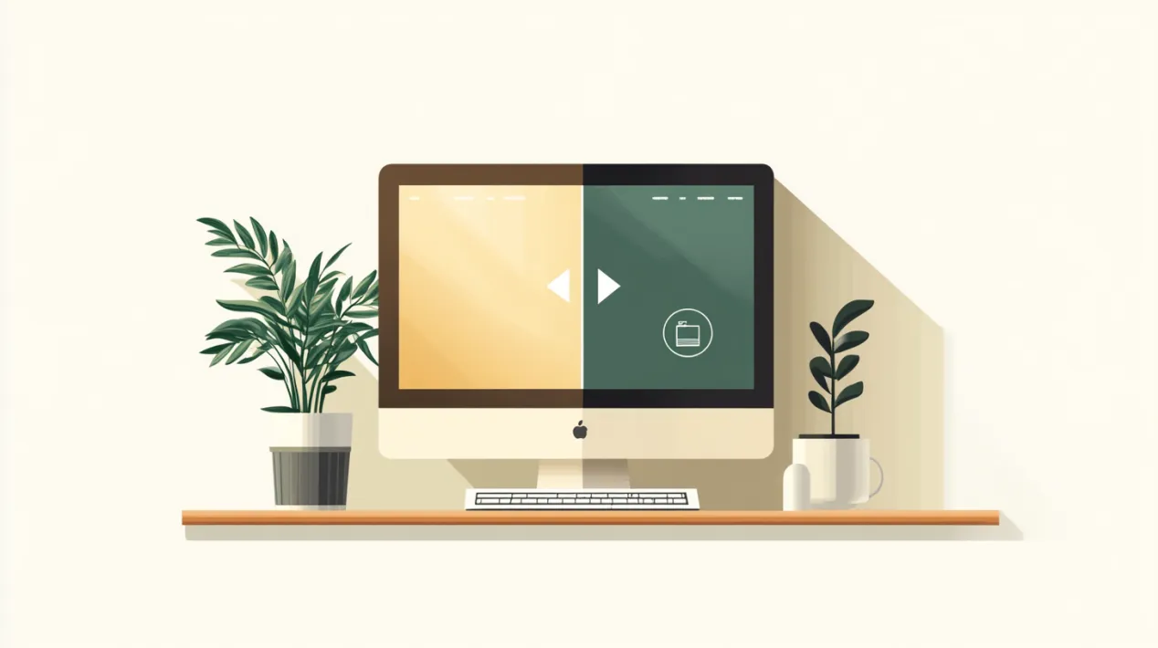 A minimalist office desk with an iMac displaying a split-screen comparison of image formats, featuring WebP and AVIF icons, flanked by green plants. This 2025 image illustrates Almax Agency’s mastery of next-gen image optimization techniques for fast website loading.