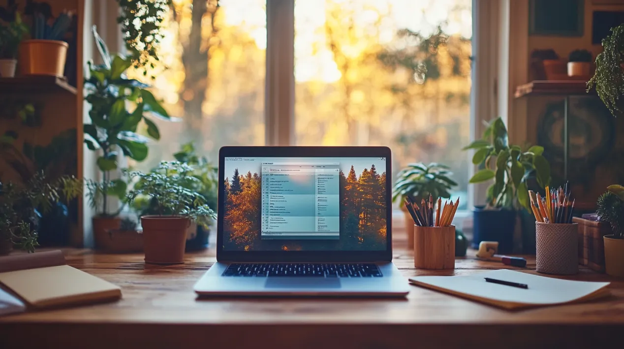 A modern workspace with a laptop displaying code against a scenic forest wallpaper, surrounded by green plants and warm natural light through a large window. This image highlights the environmental impact of "Liquid Glass" interfaces, focusing on the energy demands of real-time rendering and its effect on device lifespan. 