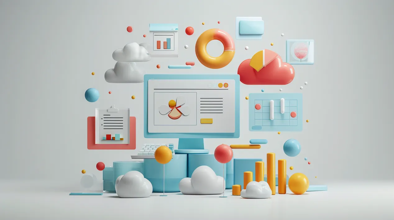Vibrant 2025 performance tracking illustration with a monitor, charts, and cloud data elements, showcasing design-SEO ROI measurement, optimized by Almax Agency for web design and SEO success