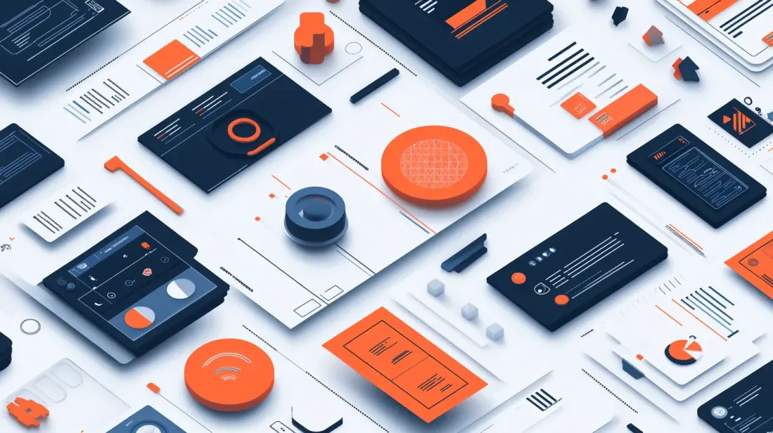 A visually engaging layout of a step-by-step design process for company rebranding in 2025, featuring overlapping digital mockups and UI elements, showcasing comprehensive approach to crafting effective brand strategies