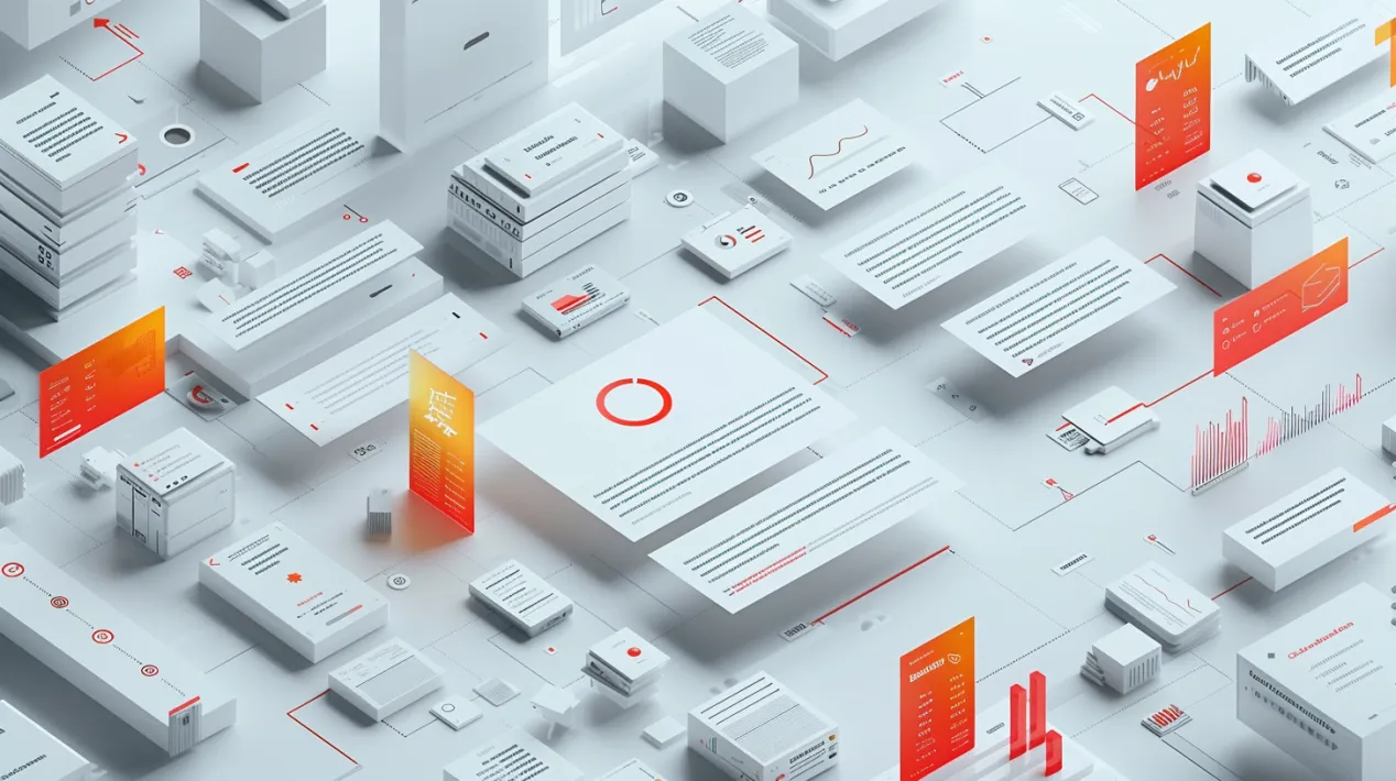 Futuristic technical SEO illustration featuring floating documents, data charts, and digital elements, representing the invisible backbone of web design efficiency in 2025.