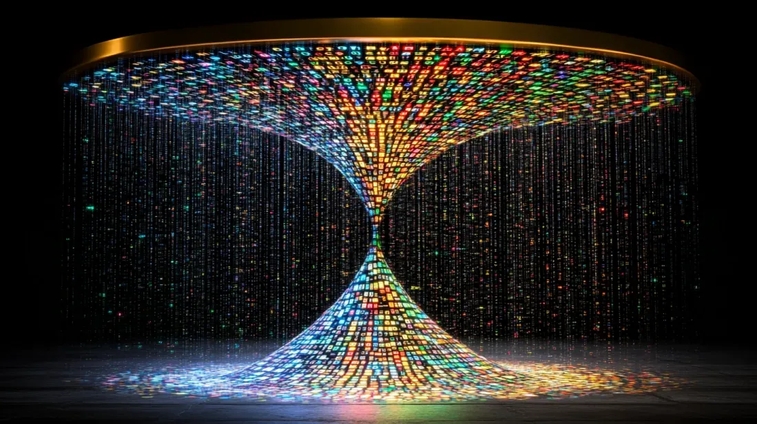 A vibrant, futuristic digital artwork featuring a cascading flow of colorful data streams forming a tunnel-like structure, symbolizing the fusion of human creativity and advanced technology in product development for 2025