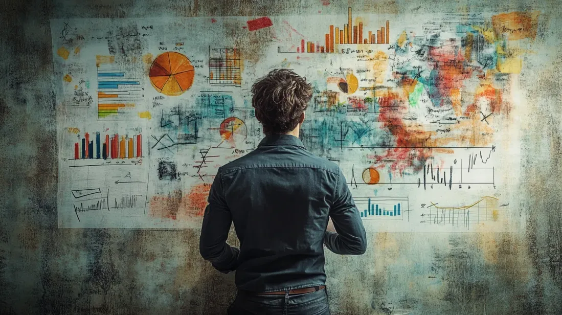 A designer standing in front of a vibrant, data-filled wall with charts and graphs, symbolizing the turbocharged design cycle in 2025, where human creativity and advanced AI tools like Figma collaborate to enhance product development efficiency.