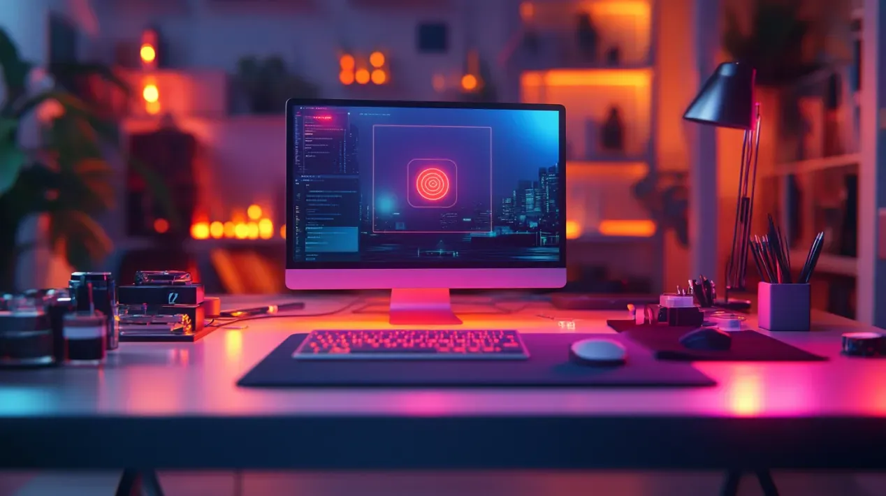 A modern workspace with a computer displaying a vibrant task-management app interface, highlighting the 2025 era of creation where a solo designer at Almax Agency leverages tools like Zapier to innovate and attract 10,000 users, blending human insight with technology