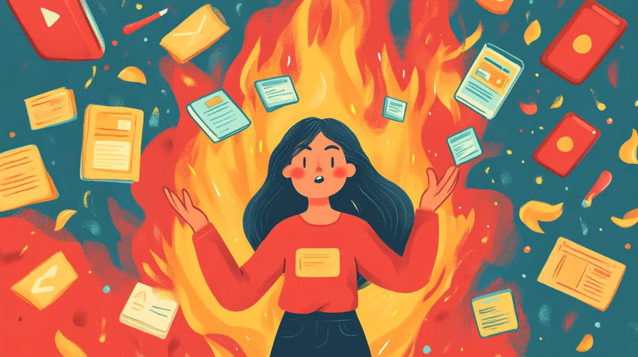 A designer standing amidst a fiery storm of unoptimized website content, with documents and digital elements swirling around, symbolizing the need for accessibility adaptations. This image from Almax Agency highlights the urgency of visual accessibility adaptations to ensure users with impairments can perceive content.