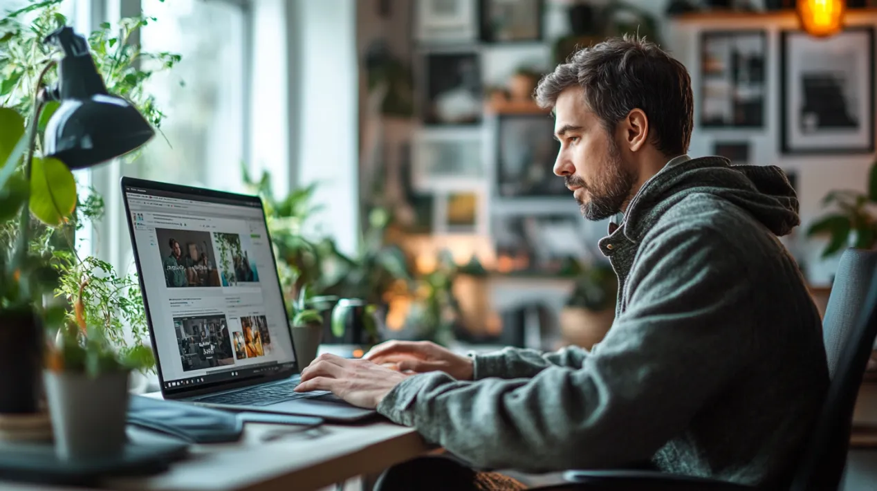 A designer working at a modern desk with a laptop displaying a website optimized with WebP images, surrounded by lush green plants and natural light. This image showcases the use of image optimization tools like TinyPNG and ImageOptim to enhance website performance.