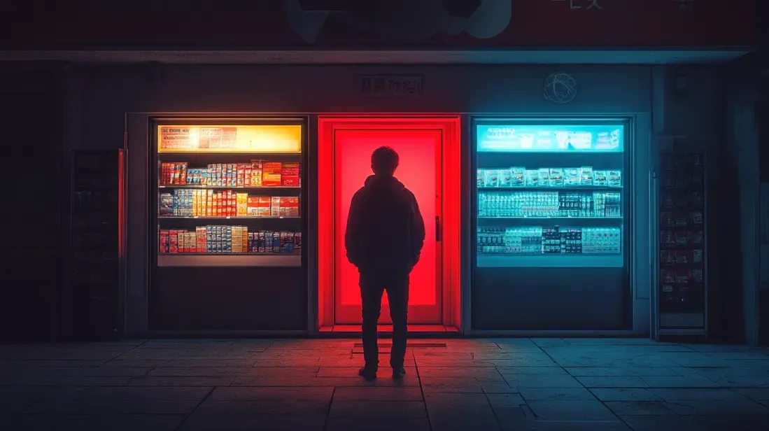 Visual metaphor for custom web design in 2025 — person standing between red and blue neon-lit storefronts, symbolizing creative choice over templates
