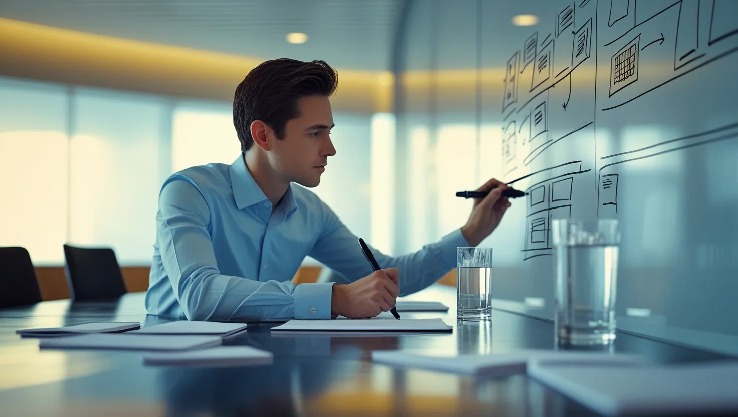A designer sketching wireframes on a glass board in a modern meeting room, illustrating the process of predicting and shaping web design trends from 2025 to 2028, as guided by Almax Agency's expertise in UX/UI and timeless design strategies.