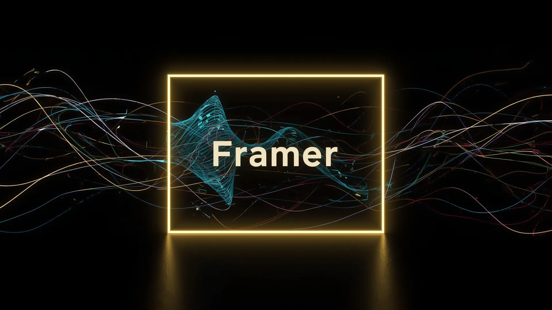 Framer logo glowing in neon frame with dynamic data waves, representing the fusion of creativity and code in modern web design 2025