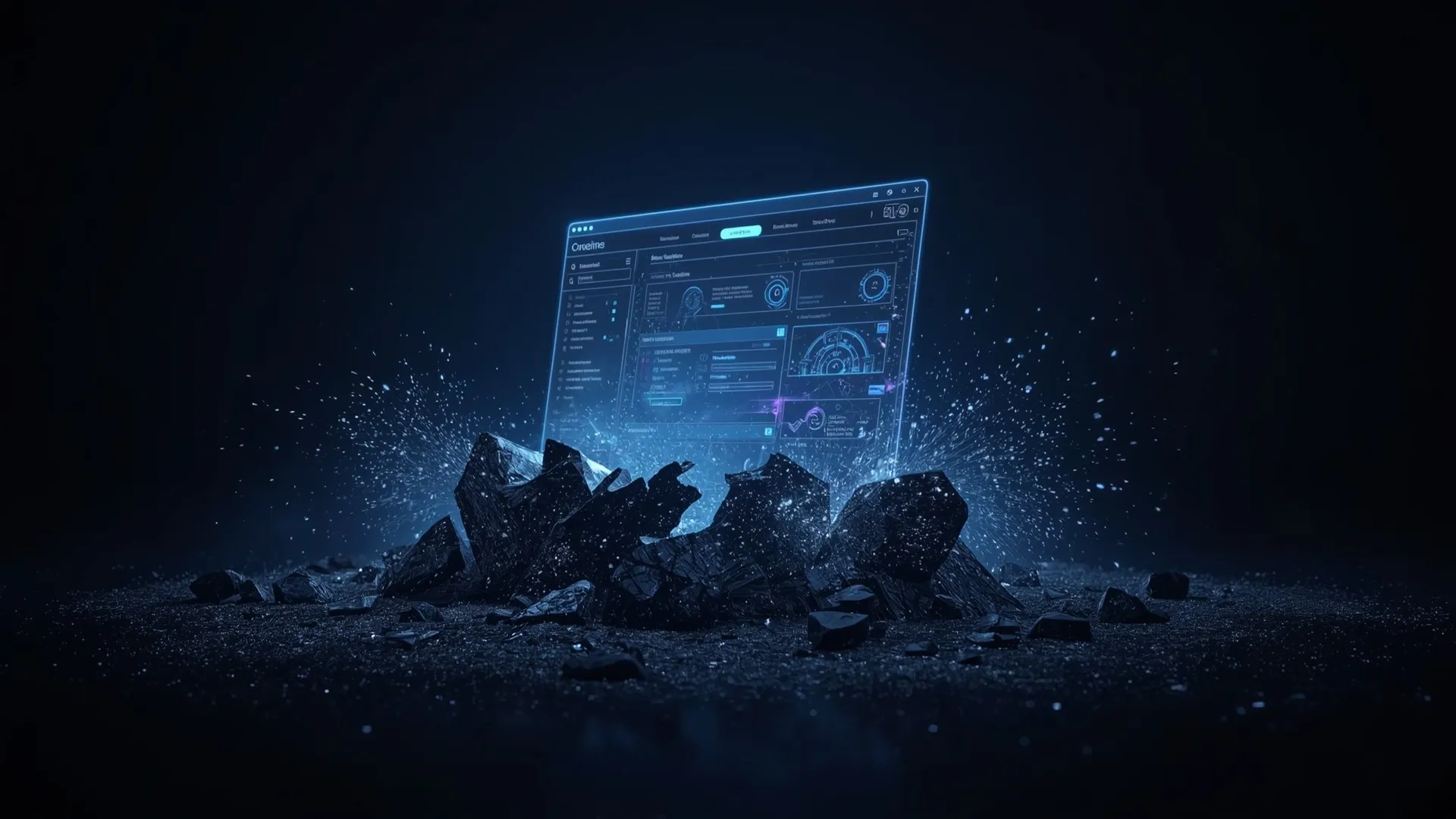 Futuristic website interface emerging from shattered ground, symbolizing the power of custom web design and digital innovation in 2025