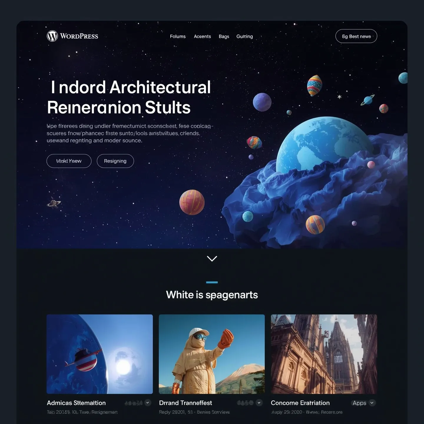 Futuristic WordPress UI mockup featuring 3D planets and responsive content cards, showcasing custom web design capabilities in 2025