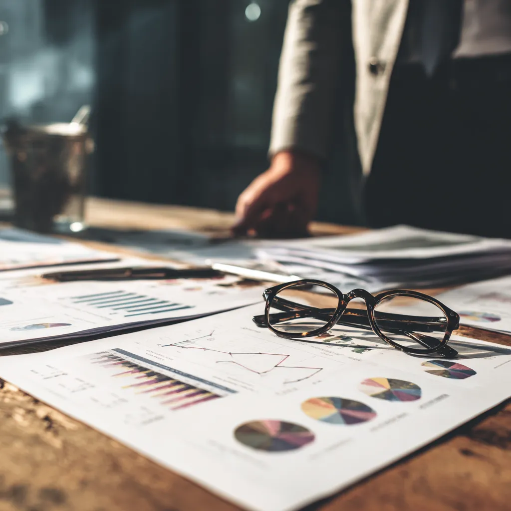 Business professional reviewing printed charts and graphs on a wooden desk, symbolizing data analysis and case study results.