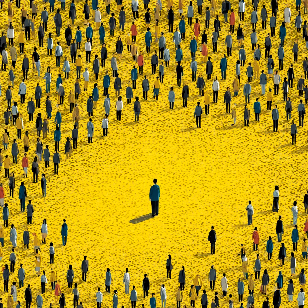 Concept illustration of a large yellow space with many people standing apart, representing discoverability and visibility among a crowd.